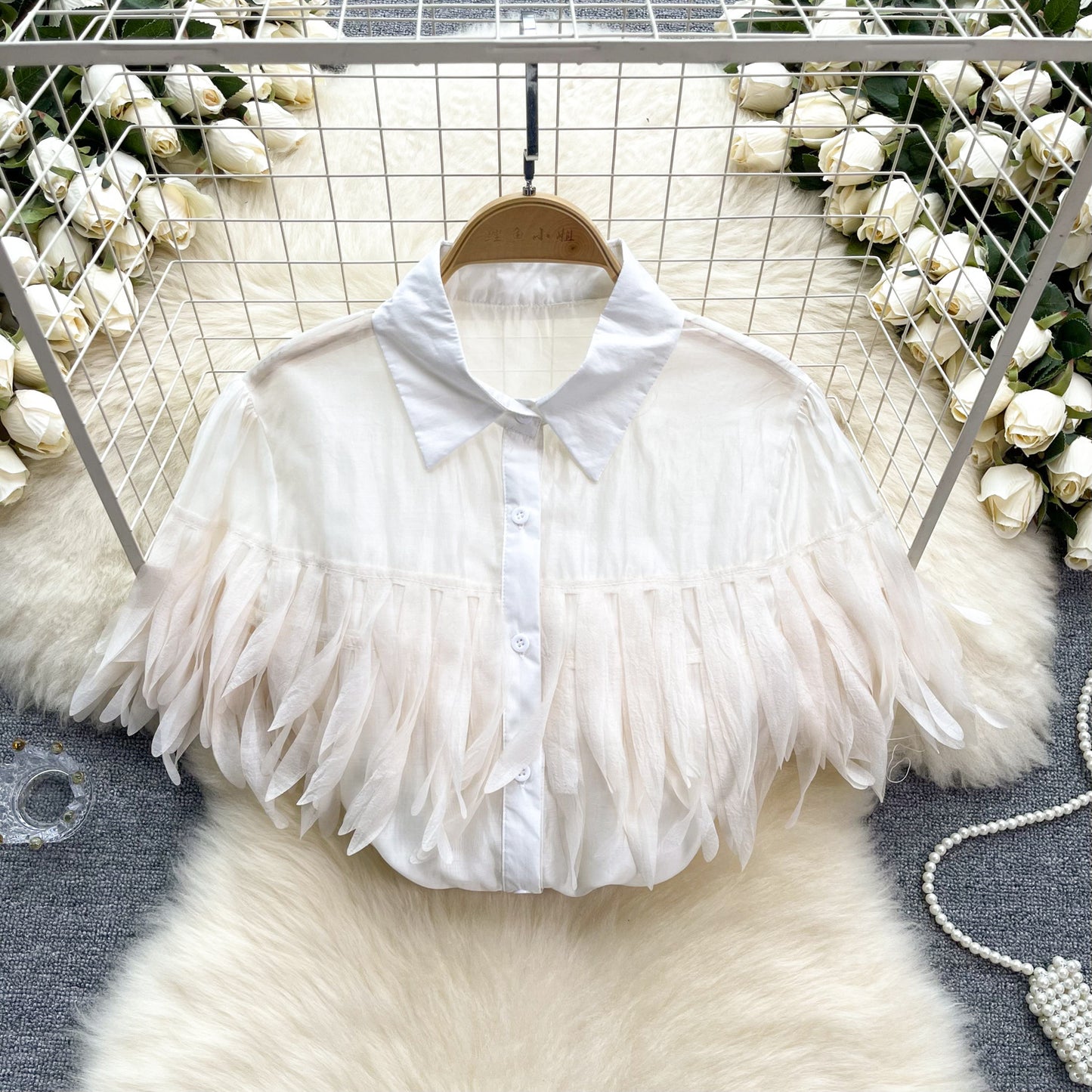 Tassel shirt women's new style bubble sleeve shirt fashionable see through top