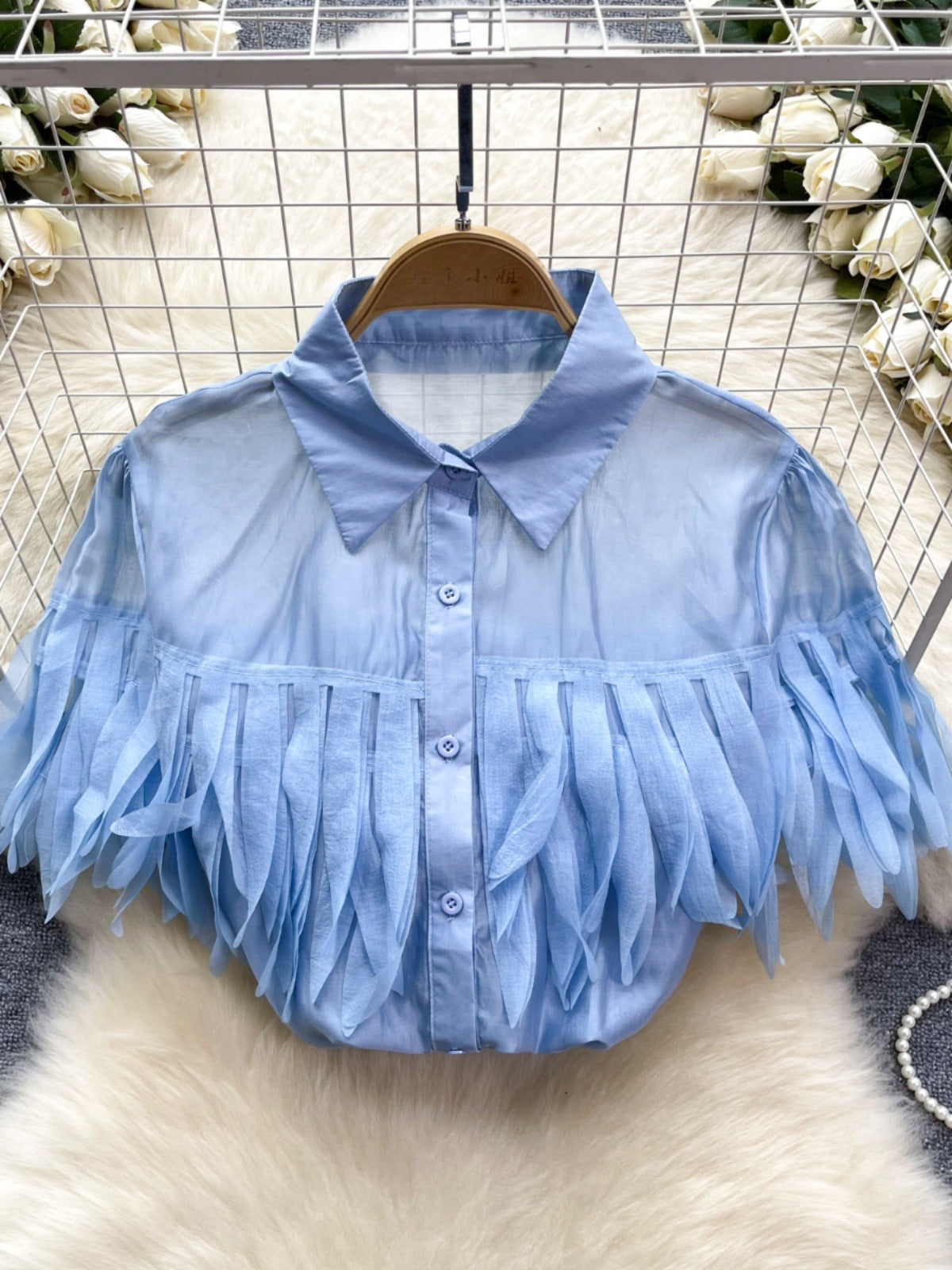 Tassel shirt women's new style bubble sleeve shirt fashionable see through top