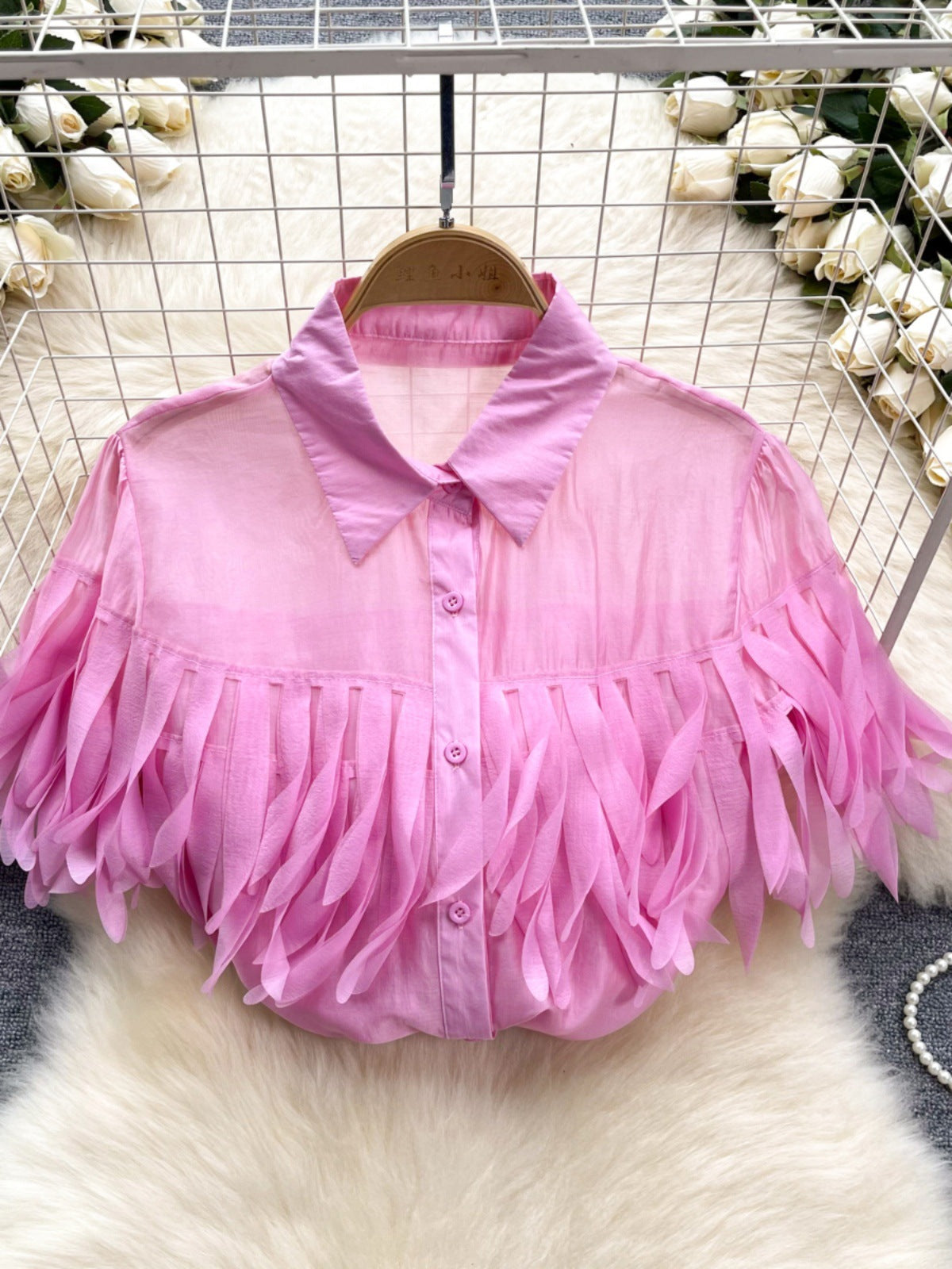 Tassel shirt women's new style bubble sleeve shirt fashionable see through top