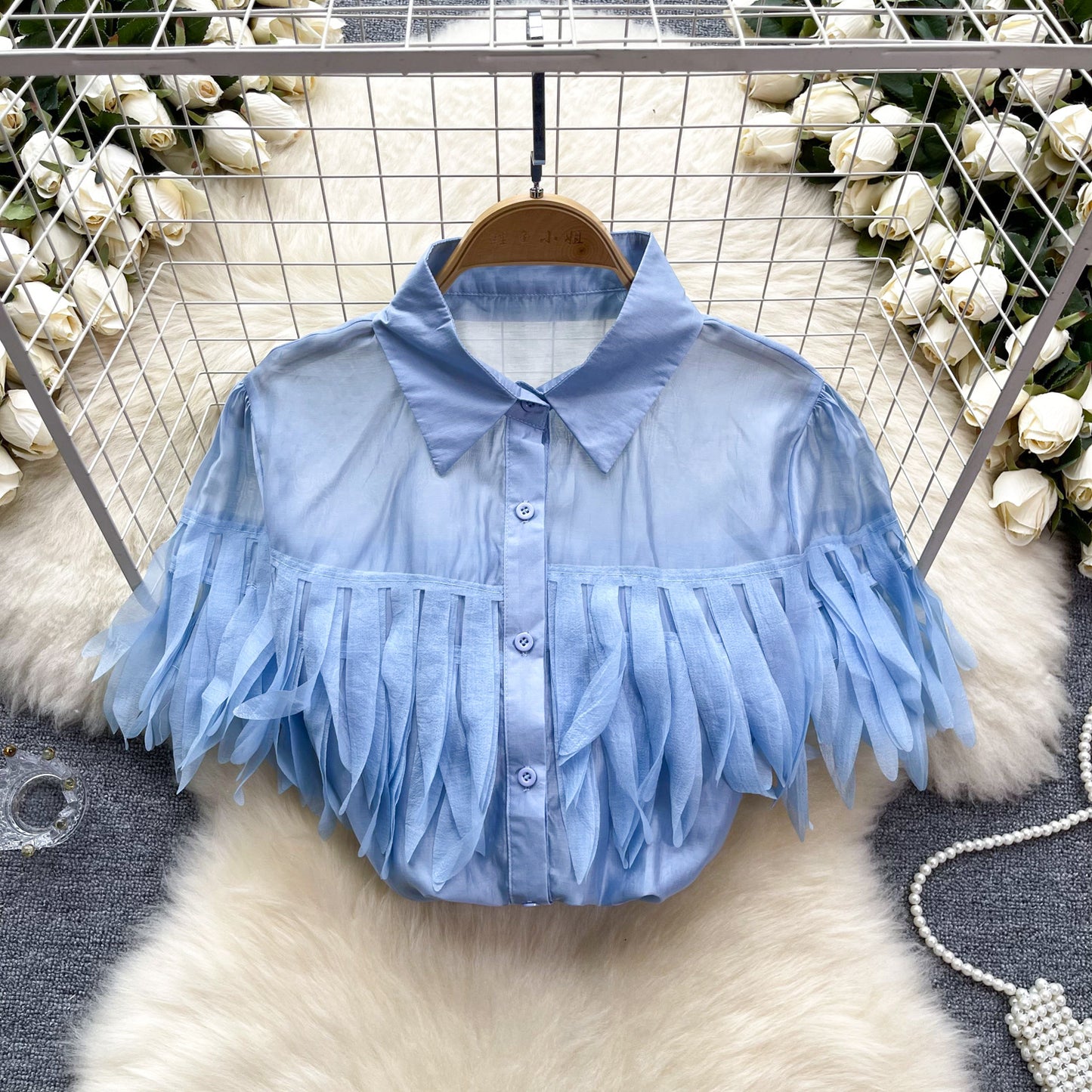 Tassel shirt women's new style bubble sleeve shirt fashionable see through top
