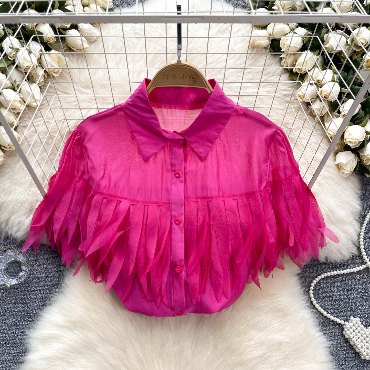 Tassel shirt women's new style bubble sleeve shirt fashionable see through top