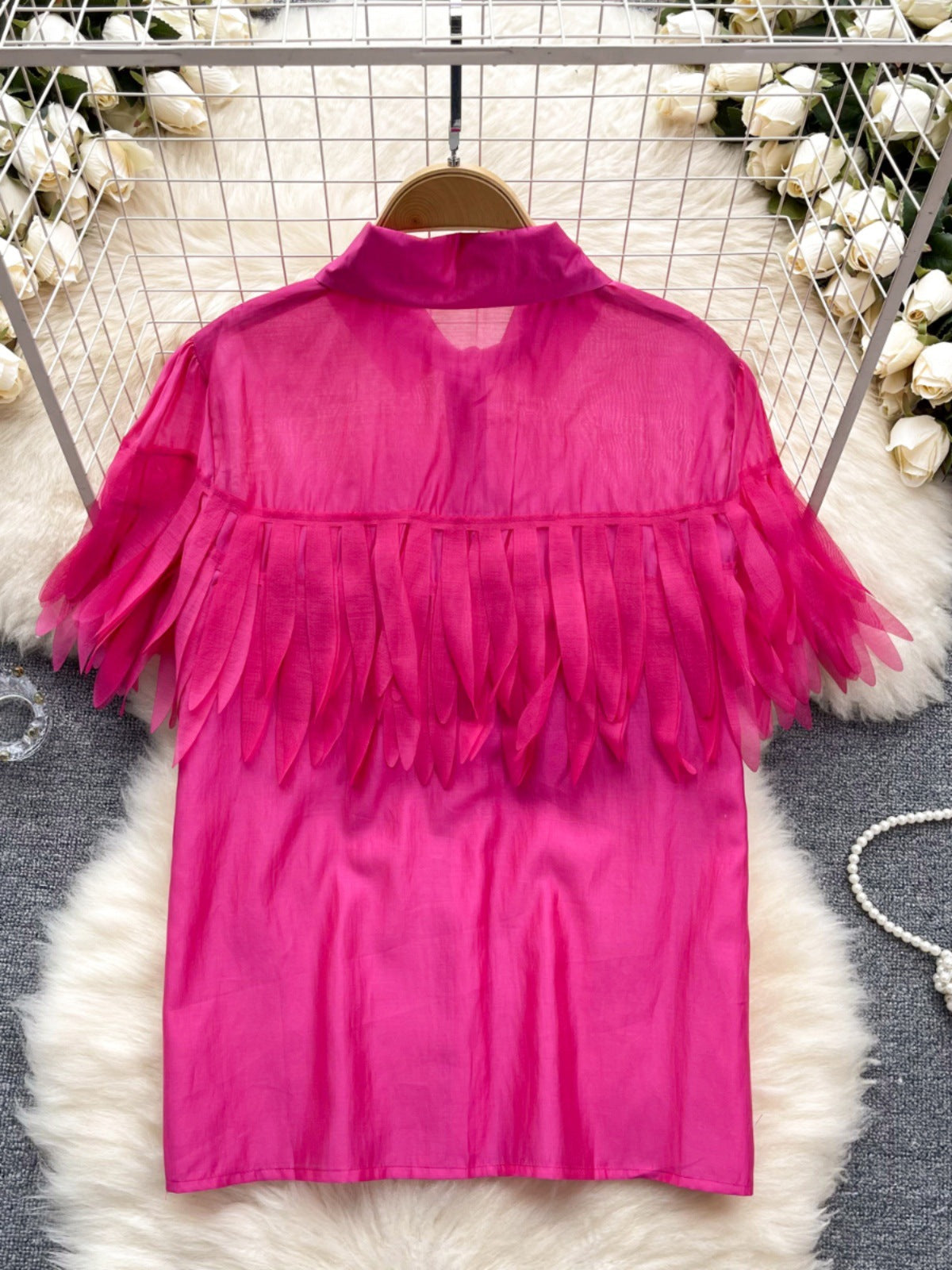 Tassel shirt women's new style bubble sleeve shirt fashionable see through top
