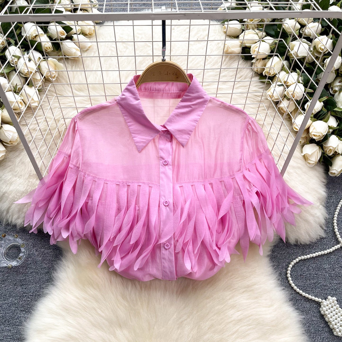 Tassel shirt women's new style bubble sleeve shirt fashionable see through top