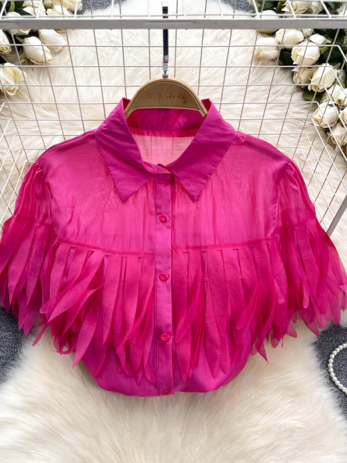 Tassel shirt women's new style bubble sleeve shirt fashionable see through top