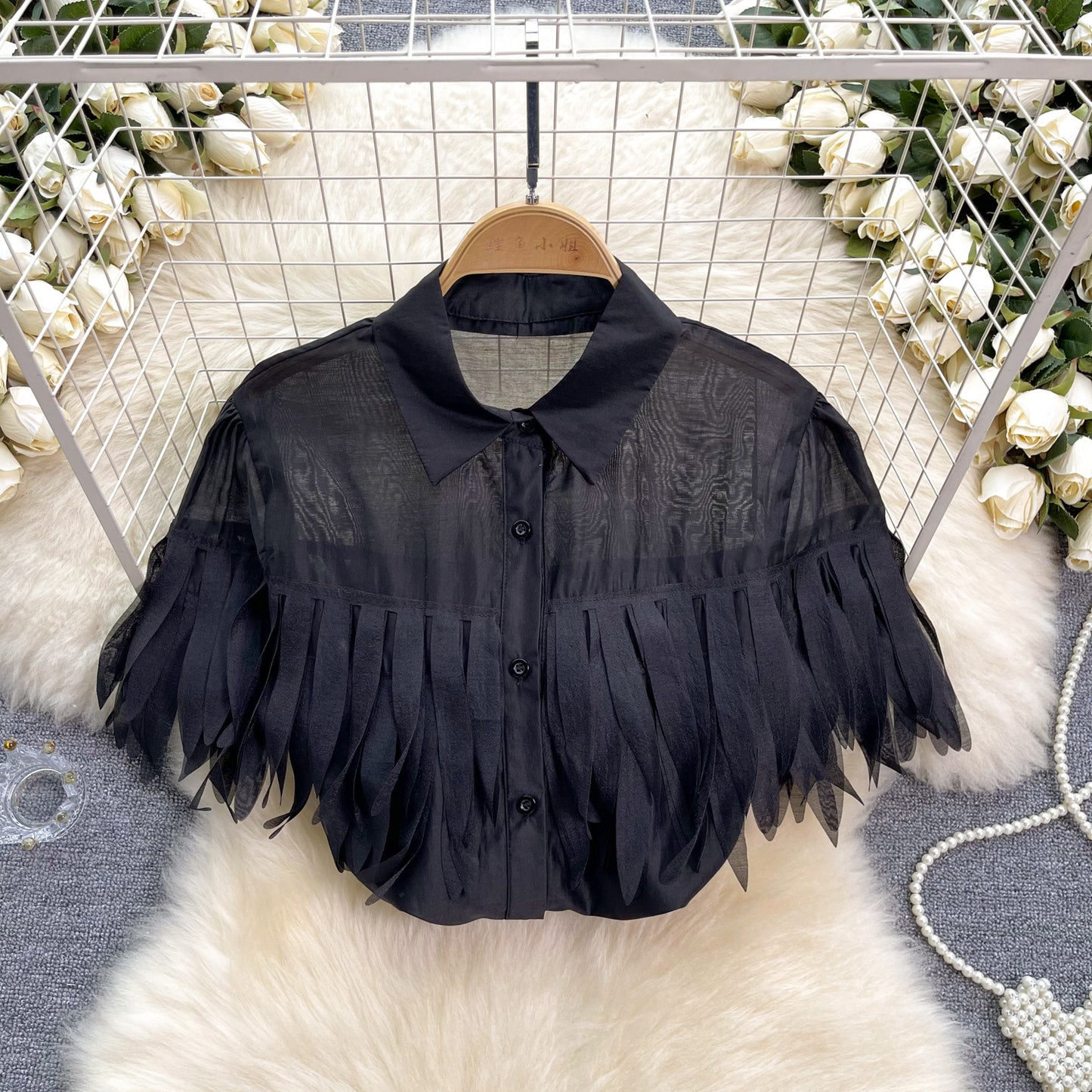 Tassel shirt women's new style bubble sleeve shirt fashionable see through top